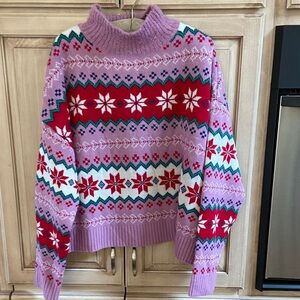 33 Degrees lavender and Red Patterned alpine Turtleneck Sweater sz XXL